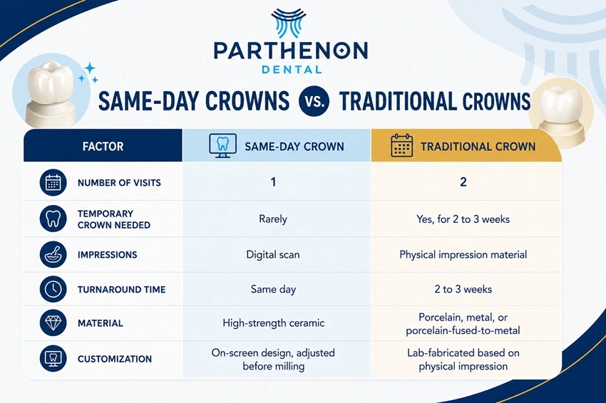 Parthenon Dental table infographic showing differences between traditional and same-day CEREC crowns. This includes comparisons of dental visits, impressions, turnaround time, materials used, and other factors.