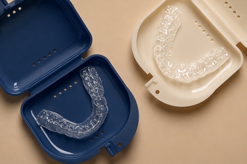 invisalign trays in containers on a beige background.